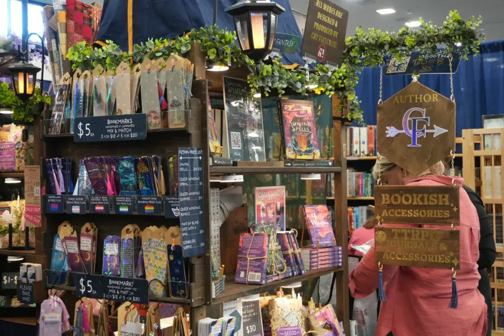 The Worldcon expo featured a variety of bookish trinket shops,...