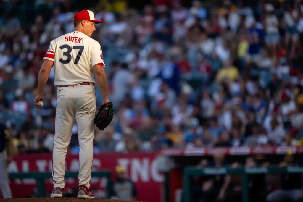 Angels pitcher Brent Suter (37), who got the start after...