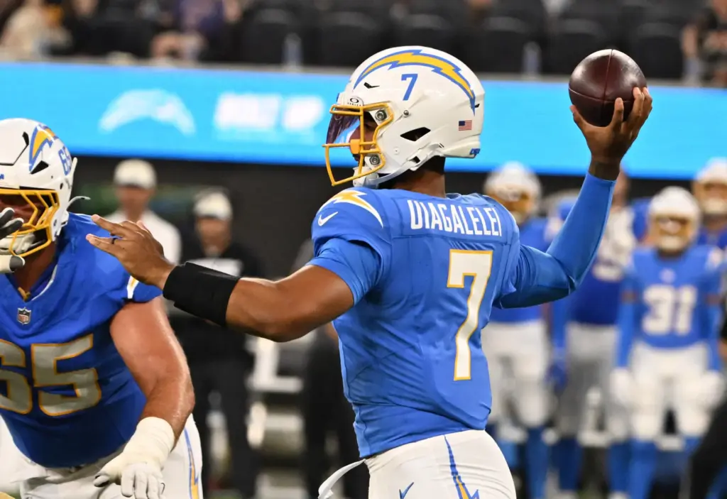 Chargers quarterback DJ Uiagalelei throws a pass during the second...
