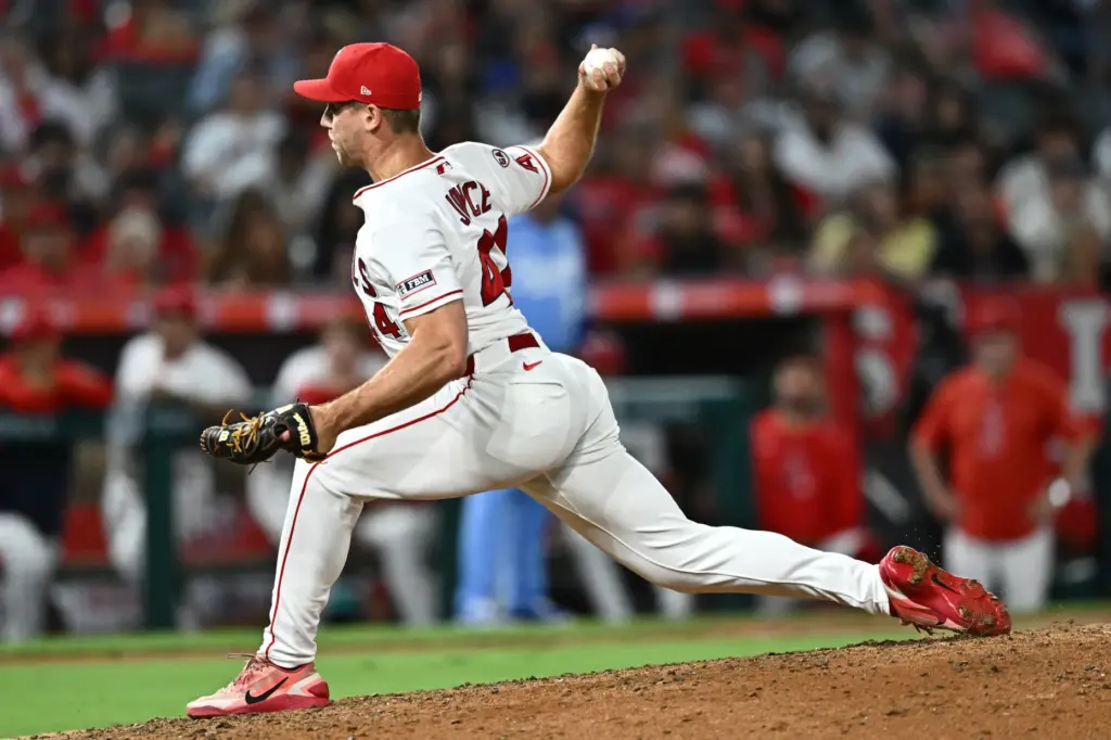 Angels pitcher Ben Joyce delivers during the ninth inning of...