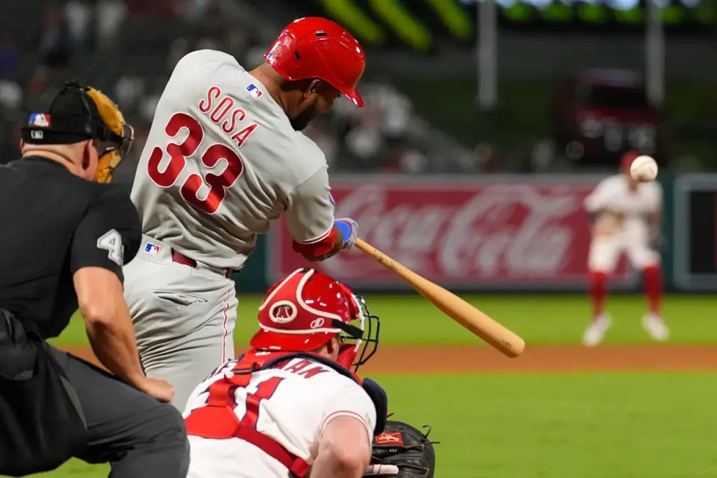 The Philadelphia Phillies’ Edmundo Sosa hits a pinch-hit, go-ahead grand...