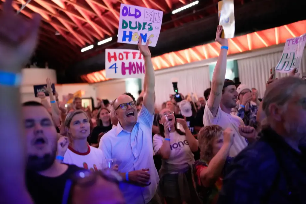 Supporters hold signs during a primary election night watch party...