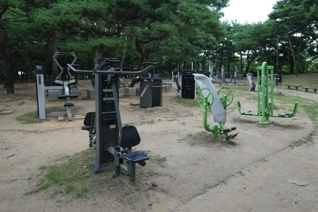 The outdoor fitness equipment is empty due to the heat in Goyang, South Korea.