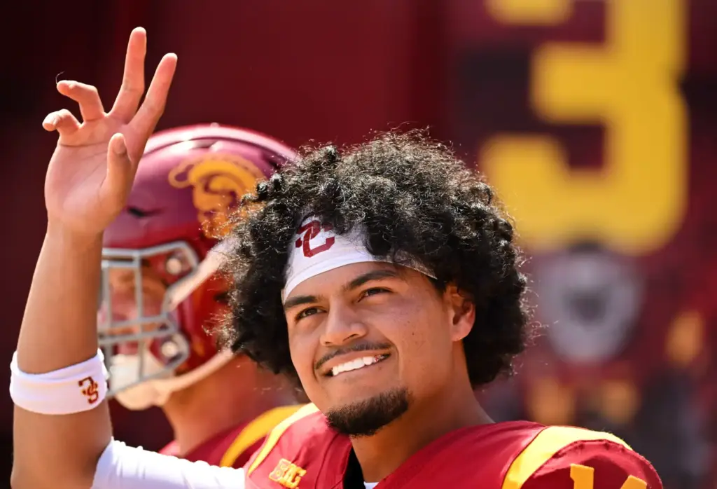 Quarterback Jayden Maiava of the USC Trojans gives the victory...