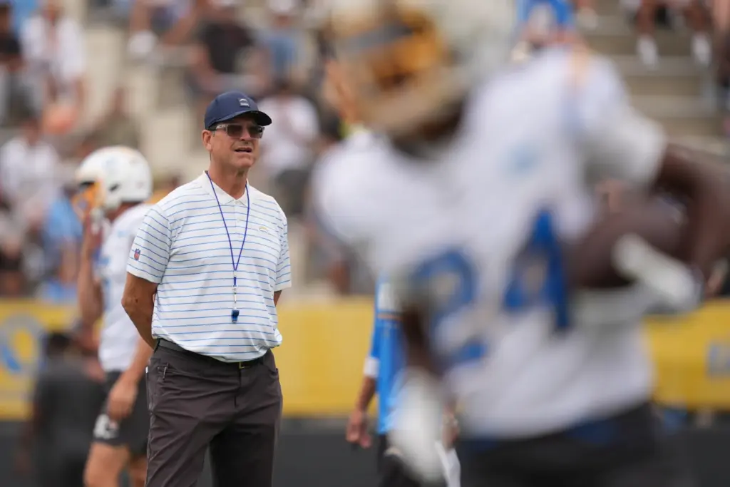 Chargers head coach Jim Harbaugh during an NFL football training...