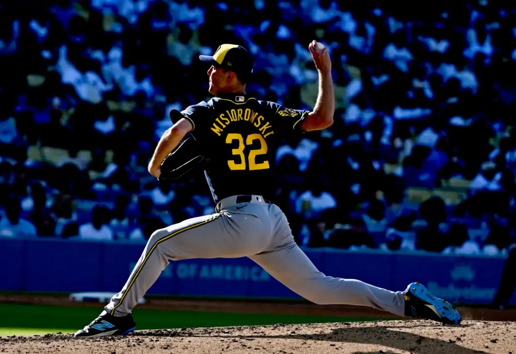 Starting pitcher Jacob Misiorowski #32 of the Milwaukee Brewers throws...