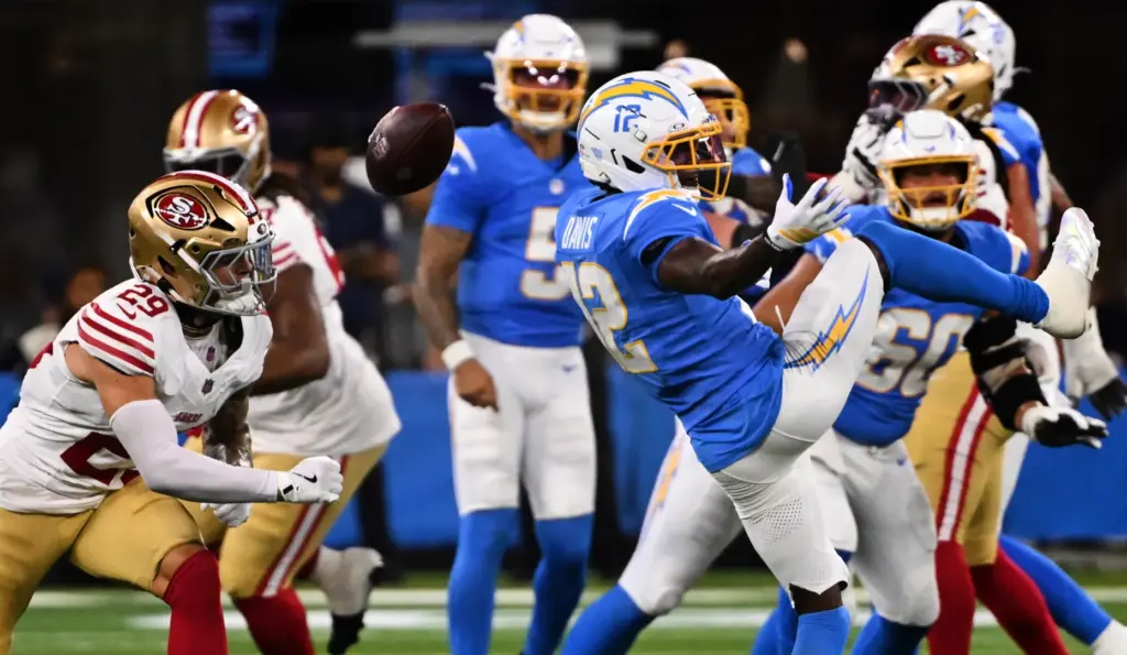 Chargers wide receiver Derius Davis (12) drops a pass during...
