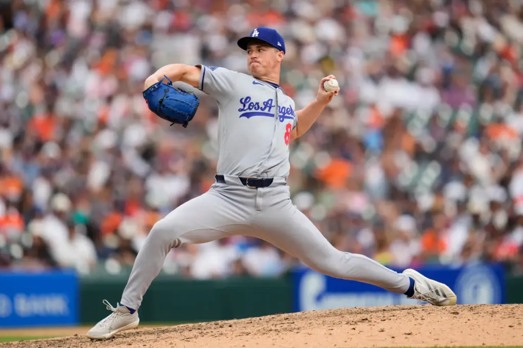 Dodgers pitcher Jack Dreyer throws against the Detroit Tigers during...