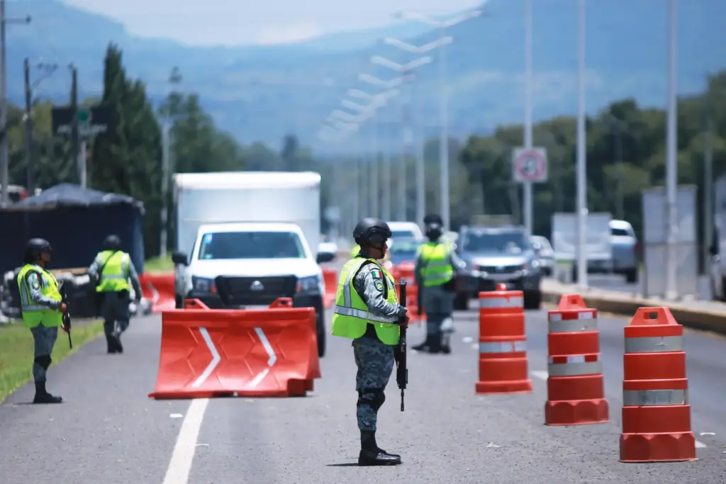 National Guard work at a checkpoint in Cherangueran, Michoacan sate,...