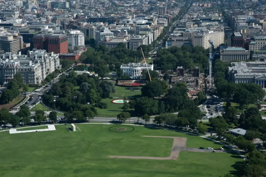 Construction continues on the helipad and ballroom at the White House.