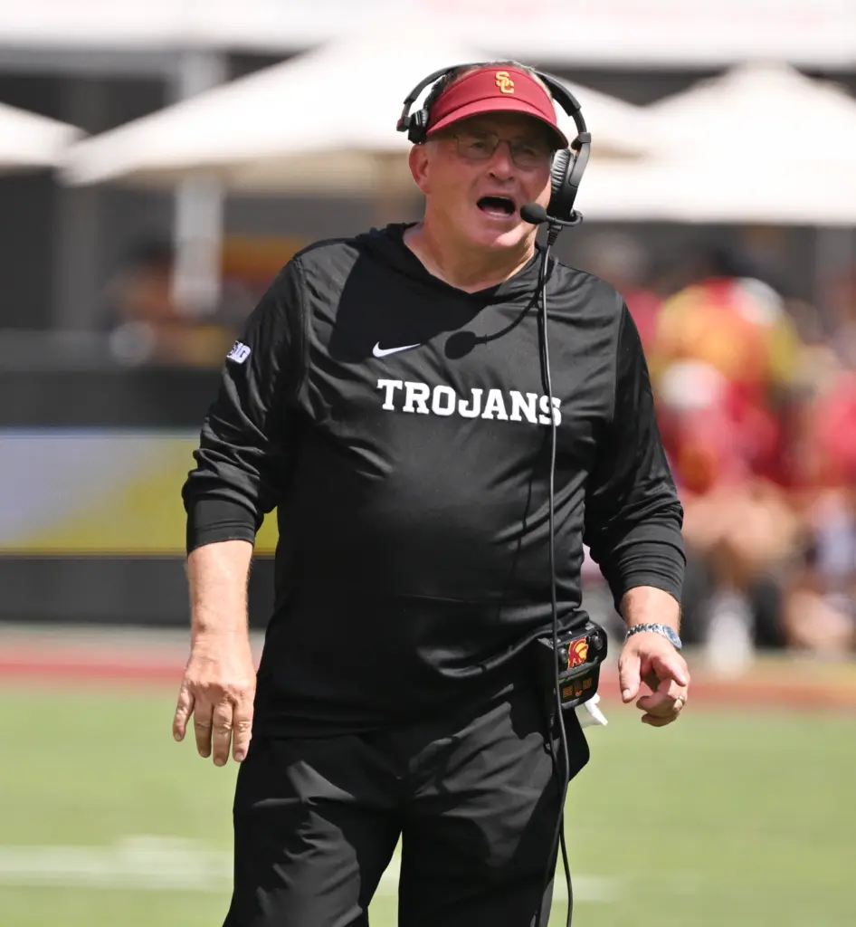 Defensive coordinator, Gary Patterson of the USC Trojans reacts against...
