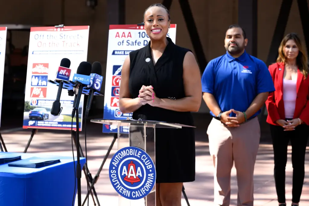 Automobile Club of Southern California Spokesperson Kandace Redd speaks at...
