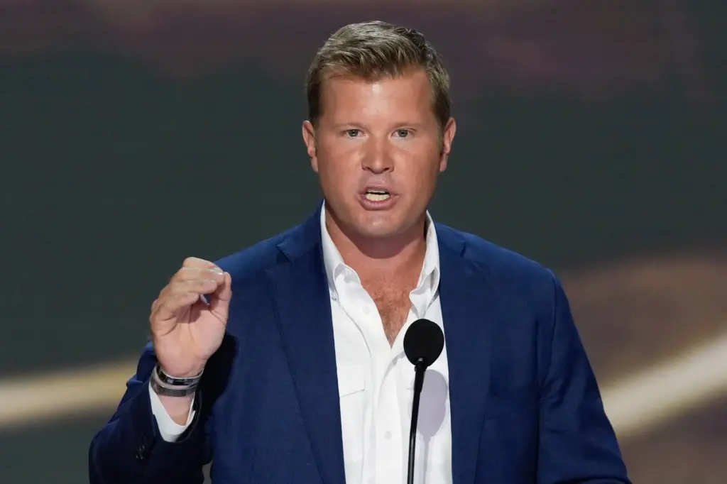 FILE – Tim Sheehy speaks during the Republican National Convention,...