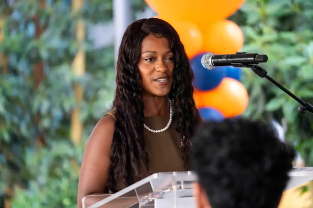 Chrissy Washington, president of the Alpha Kappa Alpha Sorority, speaks...