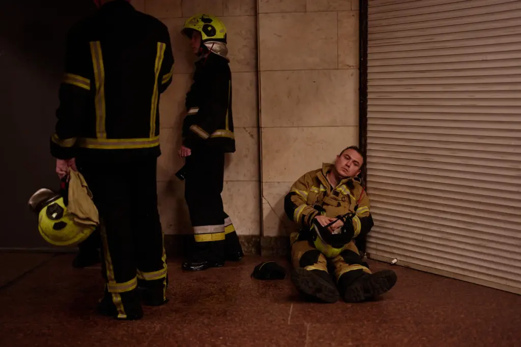 Firefighters shelter in a metro station following a siren alarm...