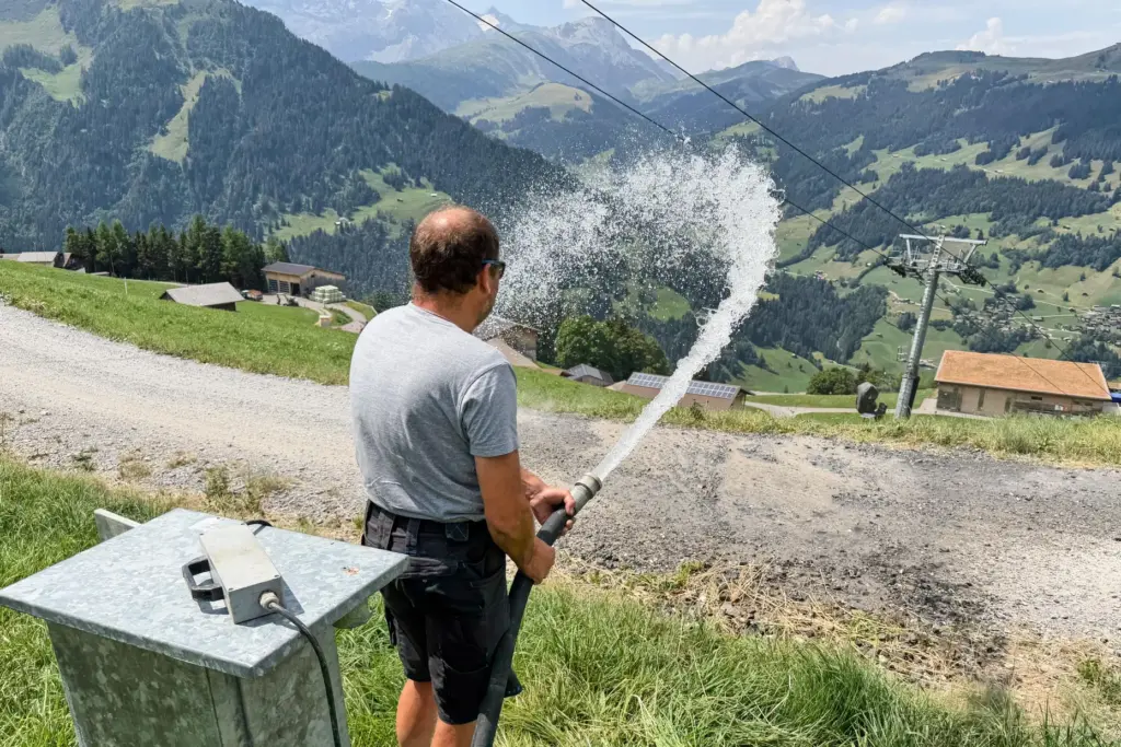 Juerg Klopfenstein, responsible for snowmaking operations at Adelboden-Lenk ski Resort,...
