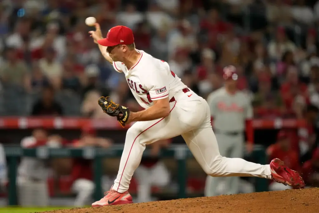 Angels relief pitcher Ben Joyce throws to the plate during...