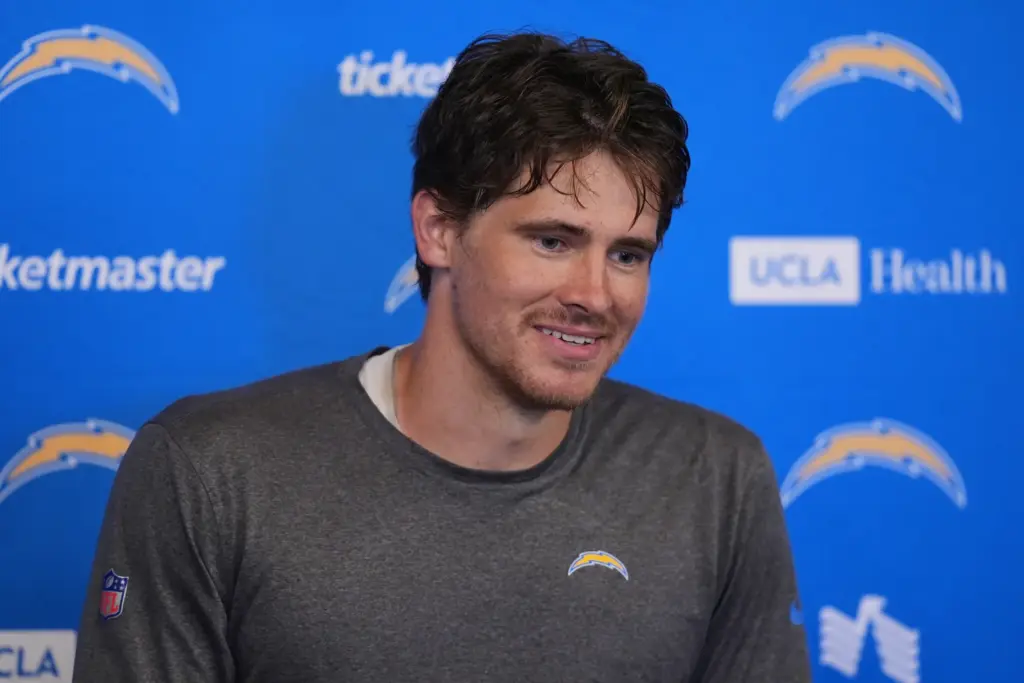 Chargers quarterback Justin Herbert speaks at a news conference during...