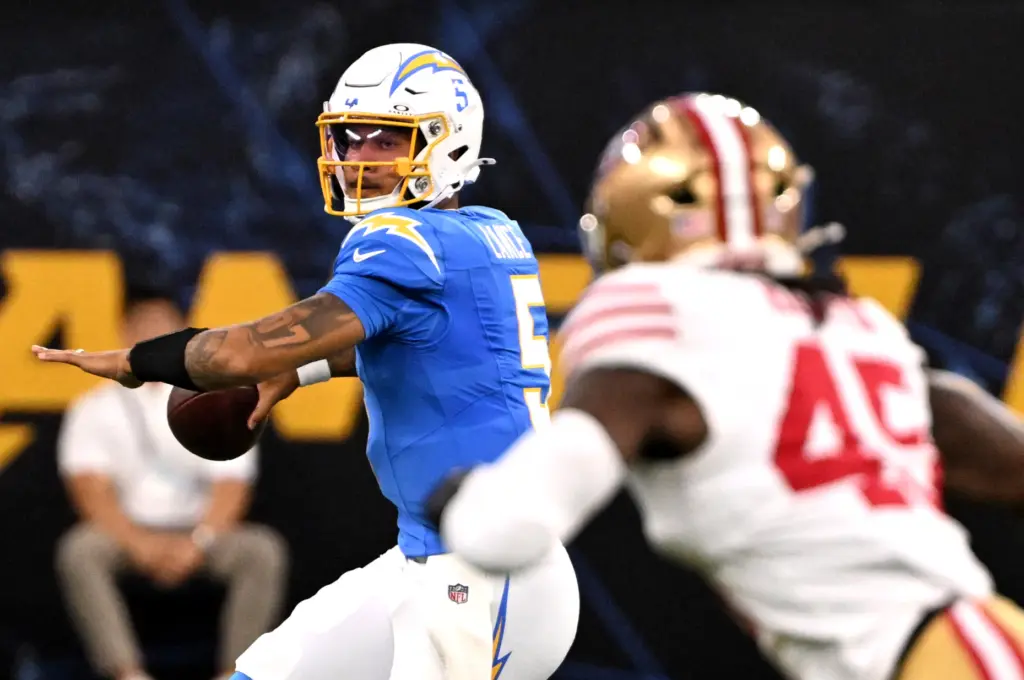 Chargers backup quarterback Trey Lance looks to pass as San...