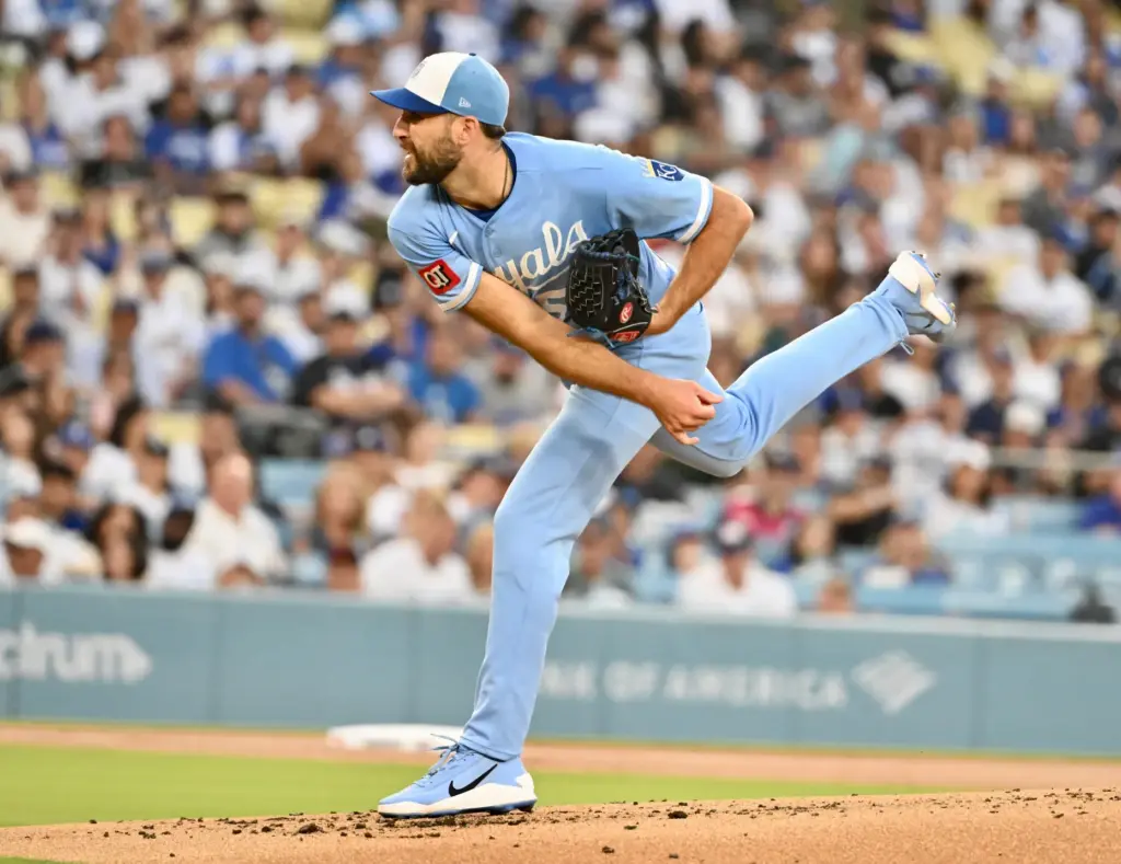 Kansas City Royals starting pitcher Michael Wacha throws to the...