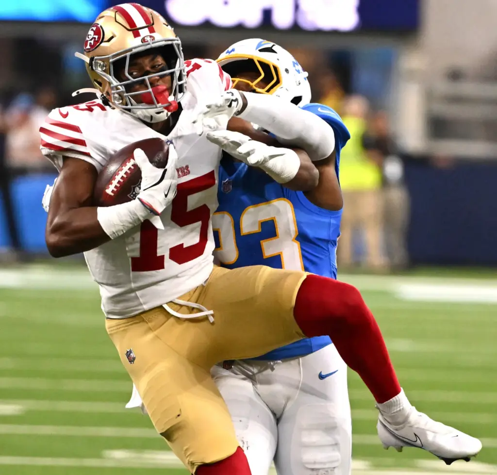 San Francisco 49ers wide receiver De’zhaun Stribling catches a pass...