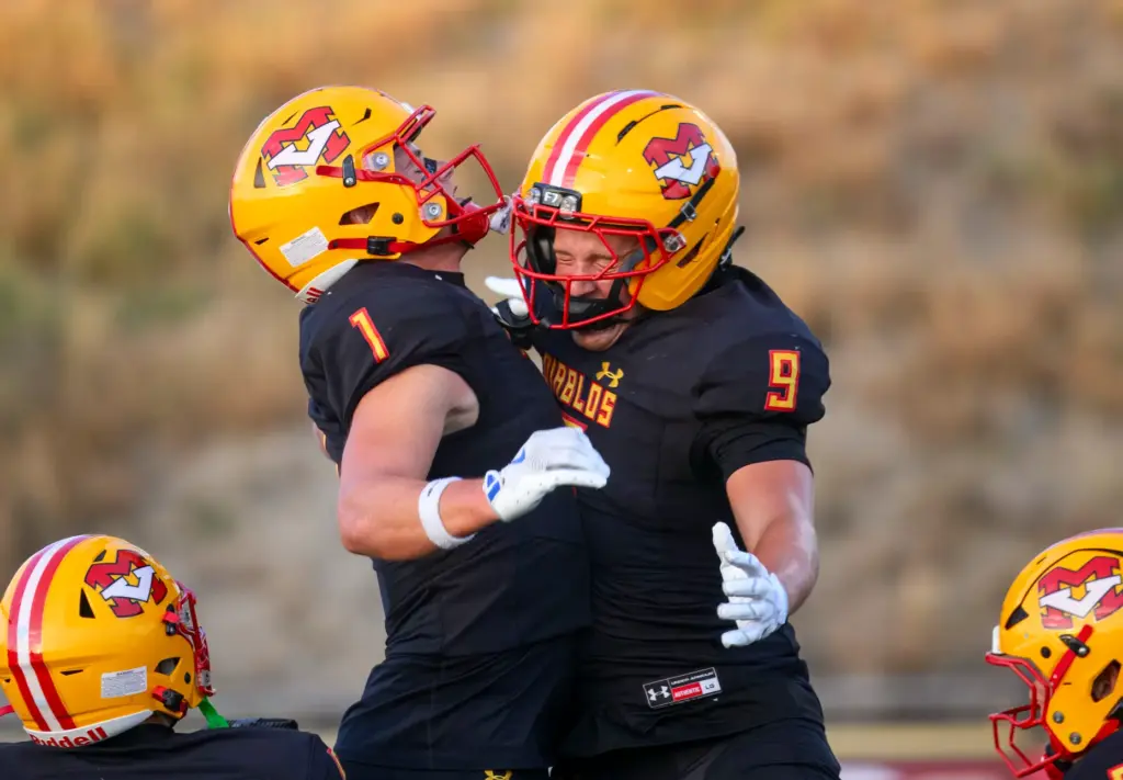 Mission Viejo wide receiver Luke Karby, left, celebrates with tight...