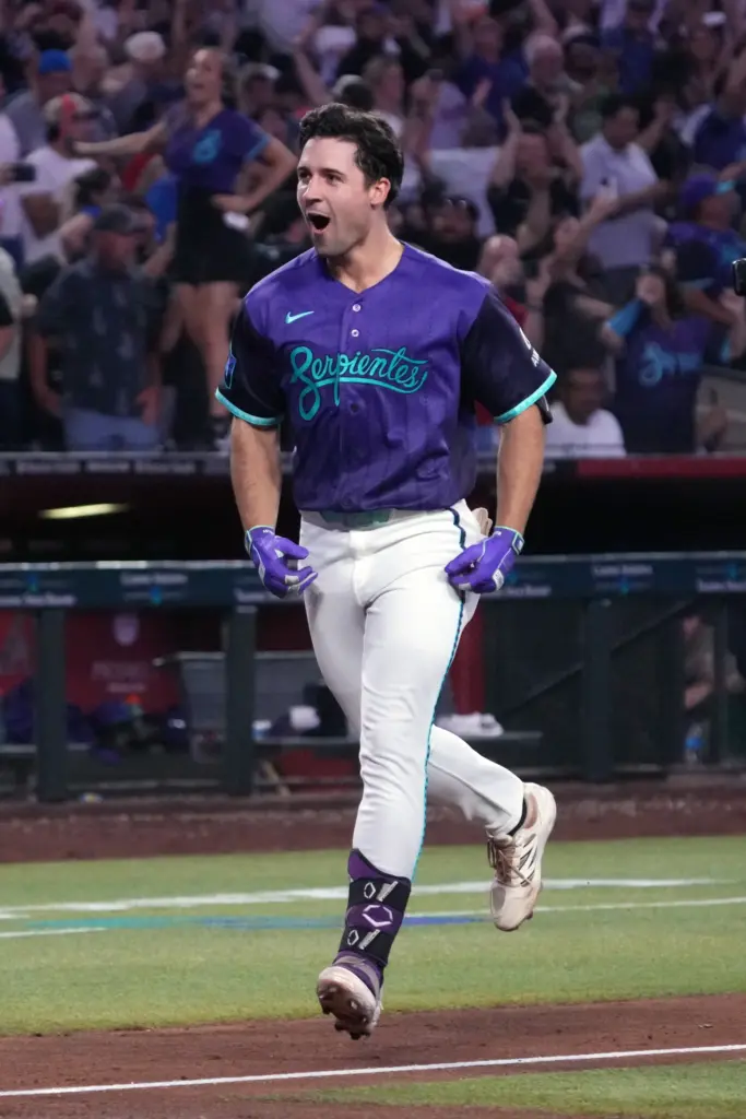 The Arizona Diamondbacks’ Ryan Waldschmidt reacts after hitting a two-run...