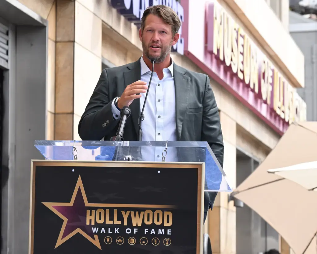 Former Los Angeles Dodgers pitcher, Clayton Kershaw speaks as Los...