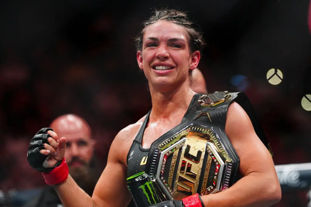 Mackenzie Dern celebrates after a women’s strawweight title fight against...