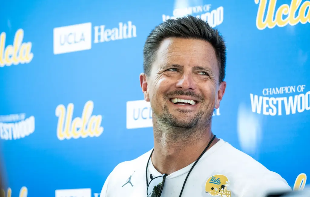 UCLA head coach Bob Chesney talks to the media following...