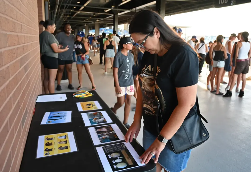 Chino Hills resident, Lisa Celaya, looks at information about bald...
