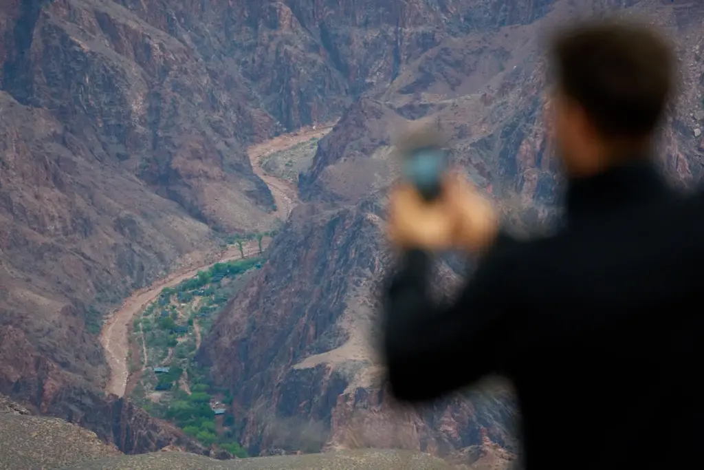 Buildings are seen in a flood damaged Bright Angel Canyon...