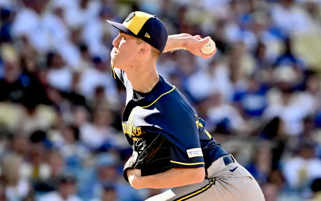 Starting pitcher Jacob Misiorowski of the Milwaukee Brewers throws to...