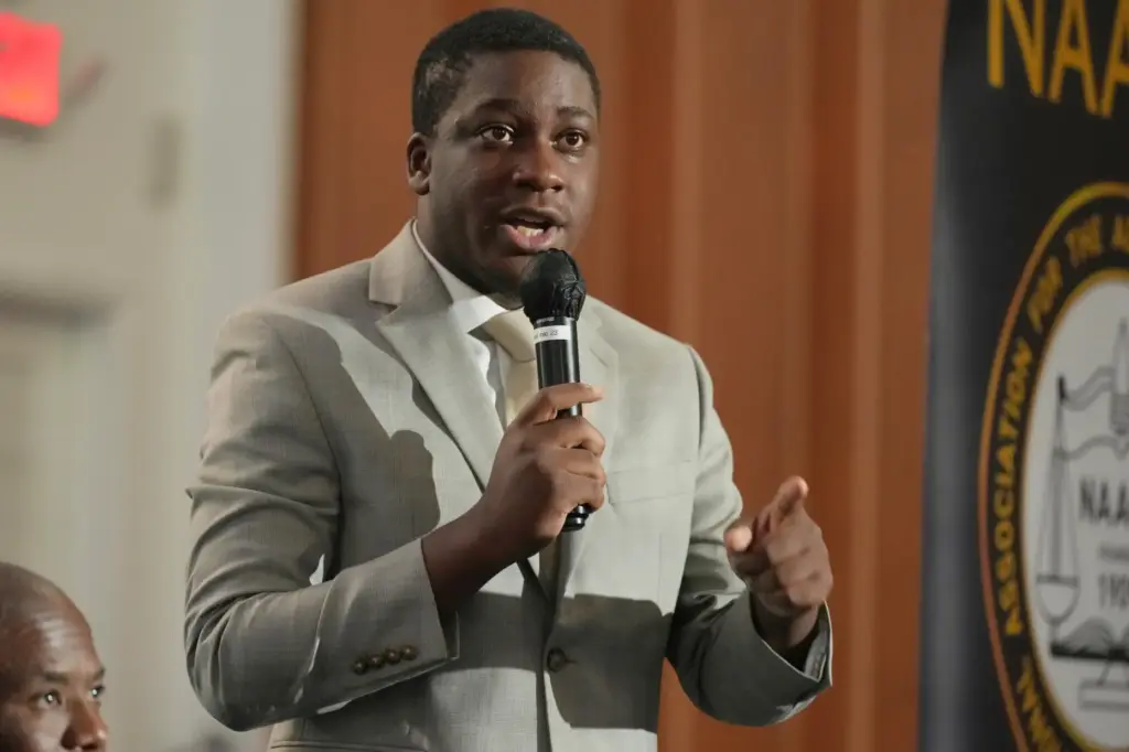 Democratic candidate Elijah Manley participates in a forum for candidates.