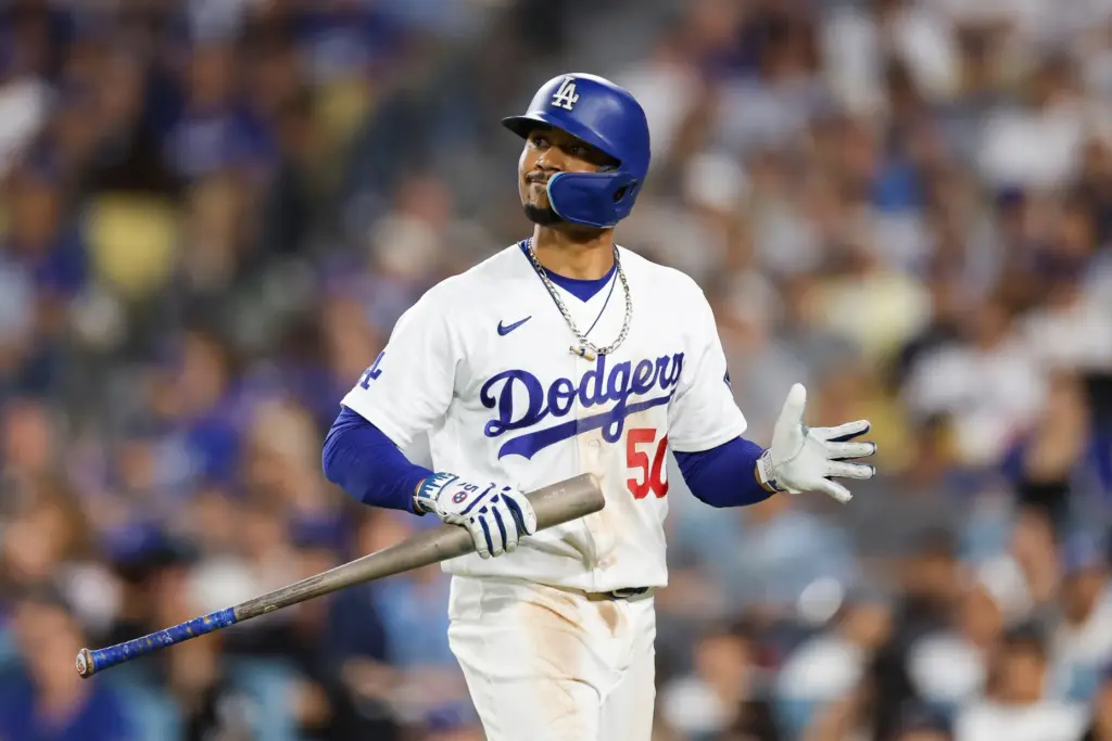 The Dodgers’ Mookie Betts reacts after striking out during the...