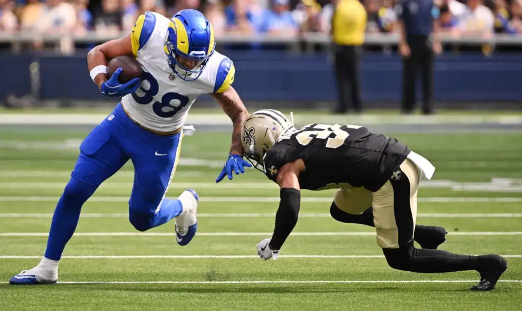 Rams tight end Dan Villari (38) catches a pass for...