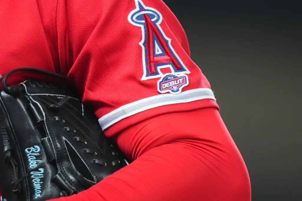 A detailed view of the “MLB debut” patch on the...
