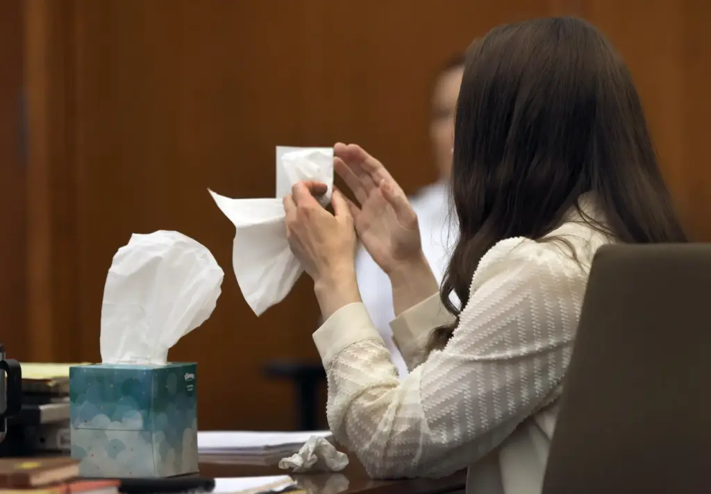 Lindsay Clancy grabs a tissue after witness Elaine Rossi, the...