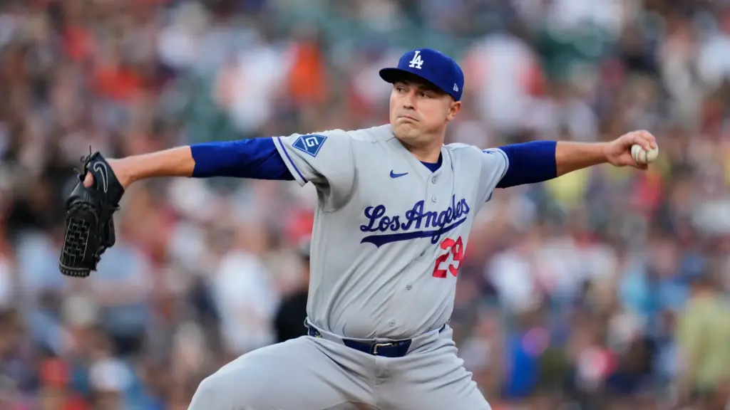 Dodgers starting pitcher Tarik Skubal throws to the plate during...