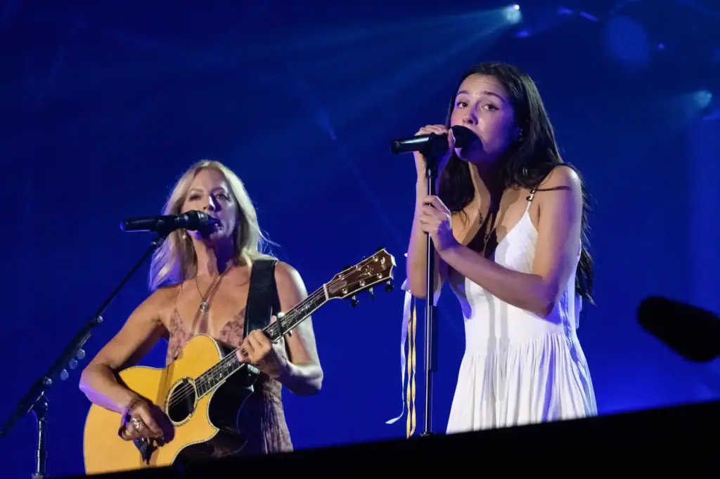 From right, Olivia Rodrigo and Sarah McLachlan perform during the...
