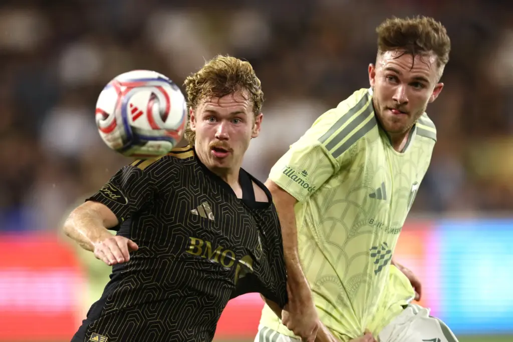 Los Angeles FC forward Jacob Shaffelburg, left, vies for the...