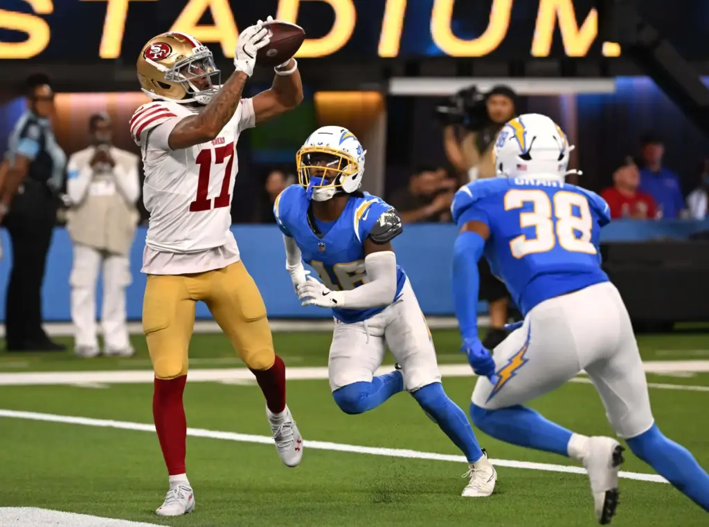 San Francisco 49ers wide receiver Jordan Watkins catches a touchdown...