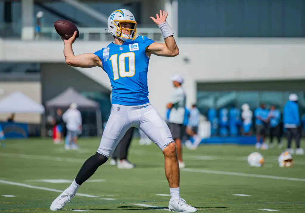 Los Angeles Chargers quarterback Justin Herbert fires a pass during...