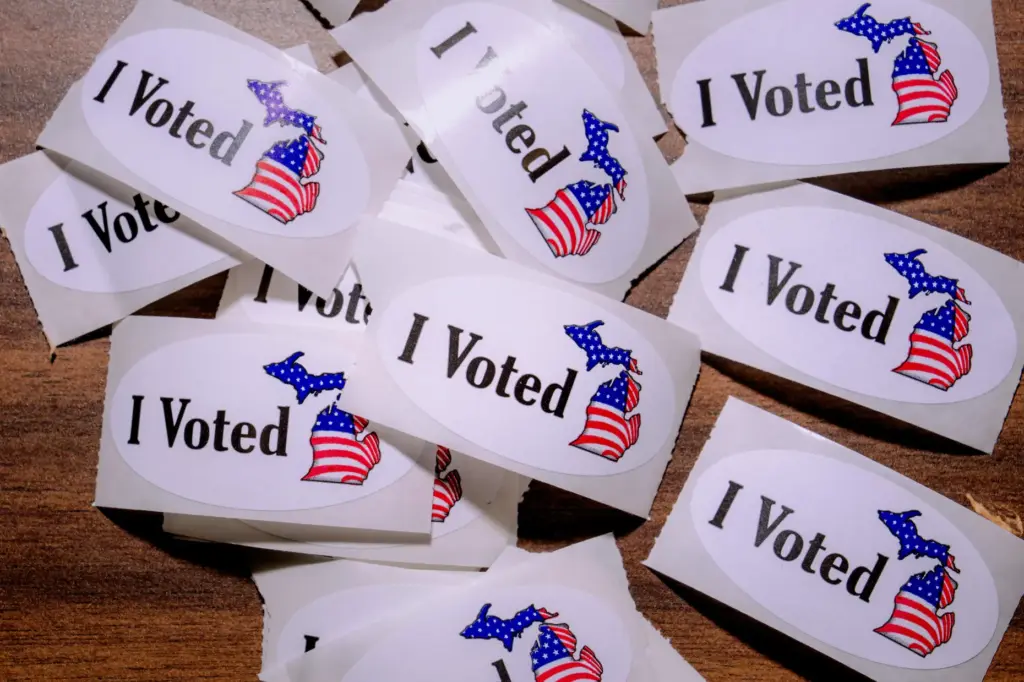 A close-up view of “I Voted” stickers at Maples Elementary...