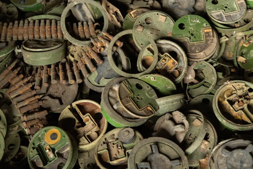 Piles of defused landmines and other remnants of war