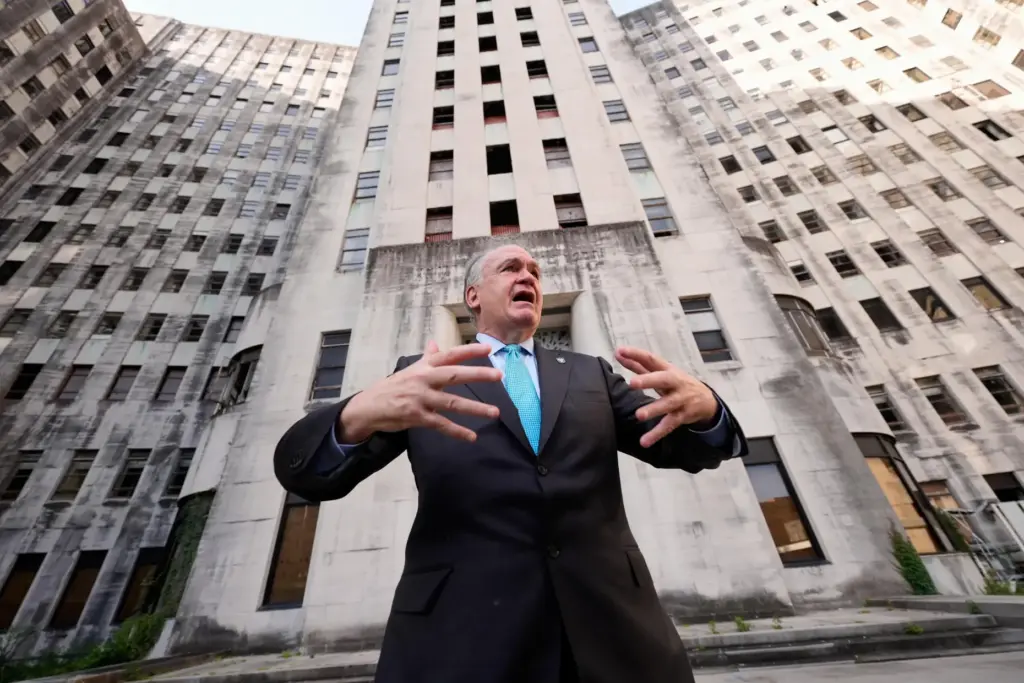 Tulane University president Michael A. Fitts talks outside the old...