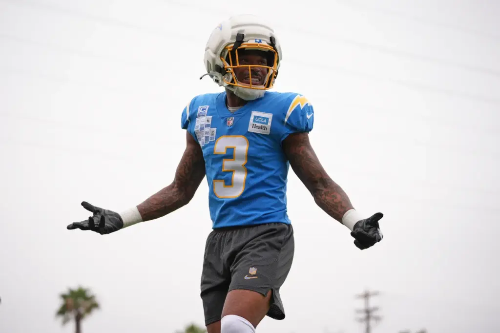 Chargers safety Derwin James Jr. gestures during an NFL football...