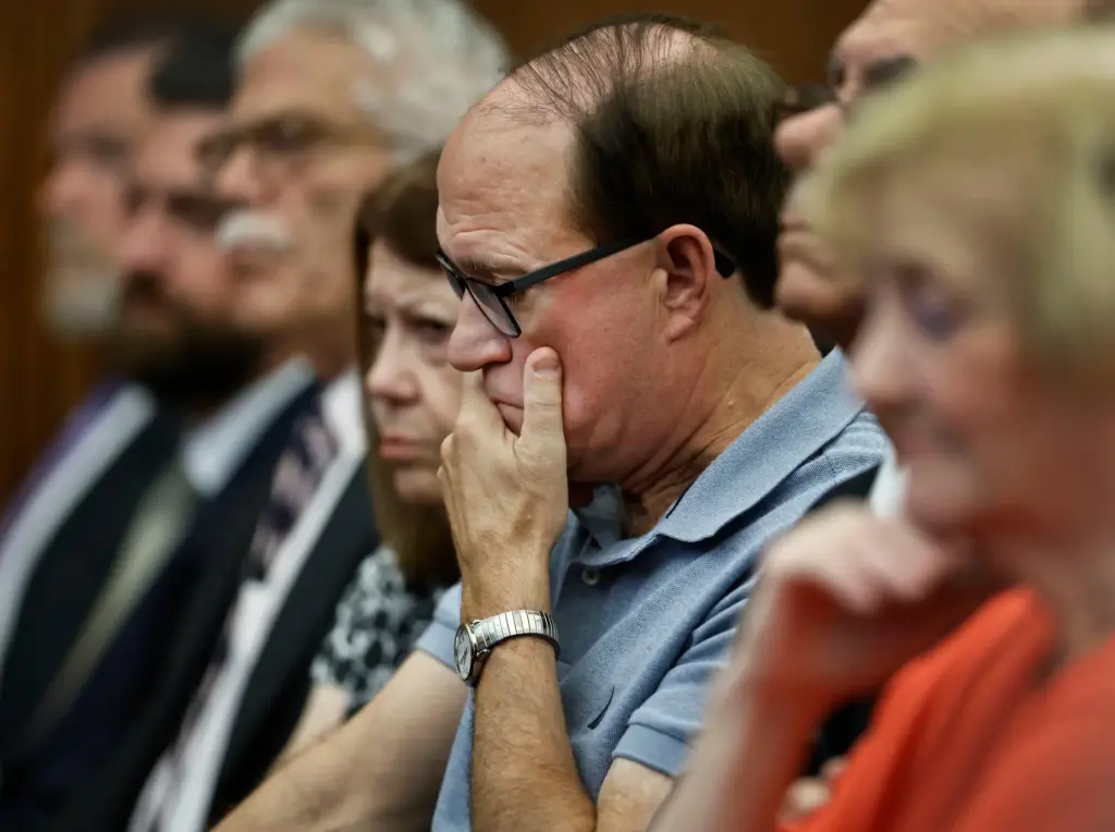 Michael Musgrove, the father of Lindsay Clancy, listens to testimony.