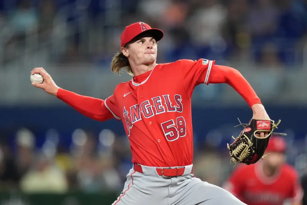 Angels starting pitcher George Klassen throws to the plate during...