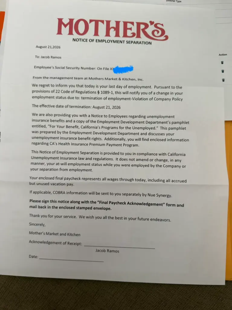 Termination letter provided by Mother’s Market & Kitchen to former...
